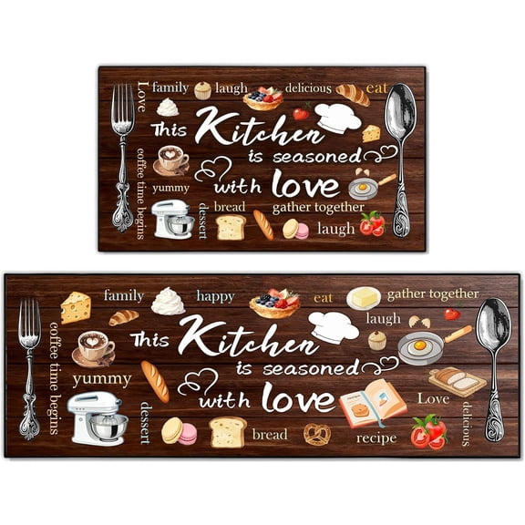 Kitchen Mats for Floor 2 Piece Set,Farmhouse Kitchen Rug Vintage Style Theme Decor,Absorbent Washable Non-Slip Floor Mats (Kitchen Brown)