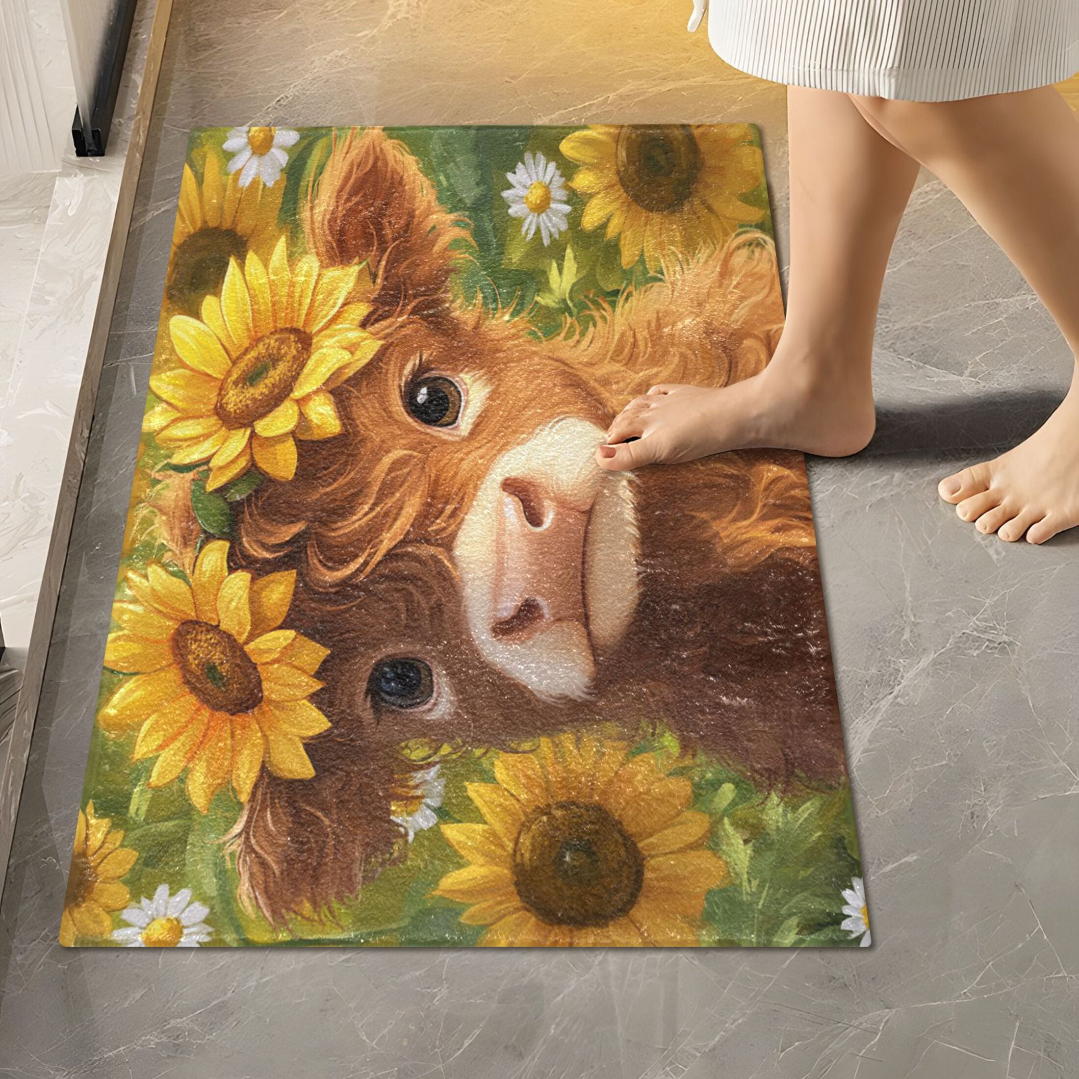 2 Piece Soft Bathroom Rug Set Cute Highland Cow Bath Mat and U-Shaped Toilet Contour Rug (16"x24"+20"x24")