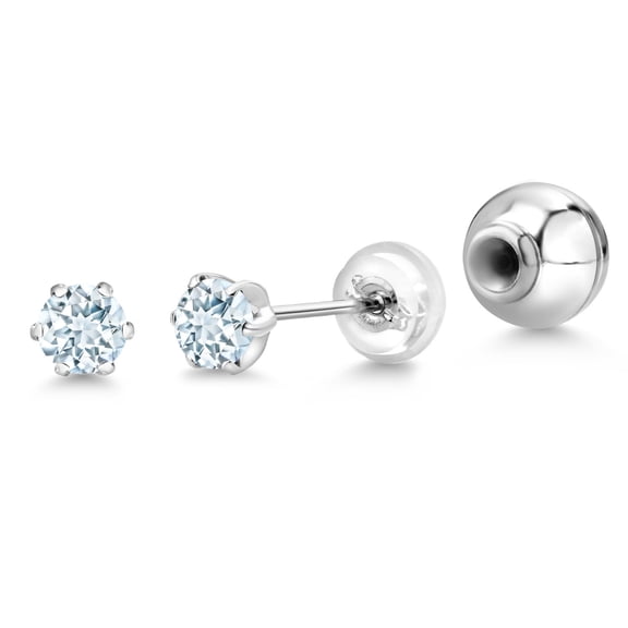 Gem Stone King Platinum Sky Blue Aquamarine Stud Earrings for Women Men (0.50 Cttw, Gemstone March Birthstone, Round 4MM)