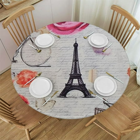 

HAOXIT Fitted Round Tablecloth Eiffel Tower Paris macaroons Table cover Elastic Edged Table Cloth Fits Round Tables 54-58