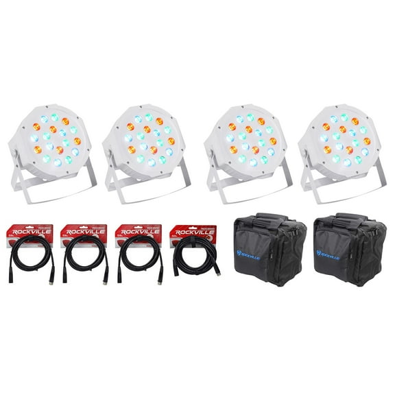 4) Rockville FHB-118 LED RGB DMX LED PAR Can Wash Lights (4) Cables Carry Bag