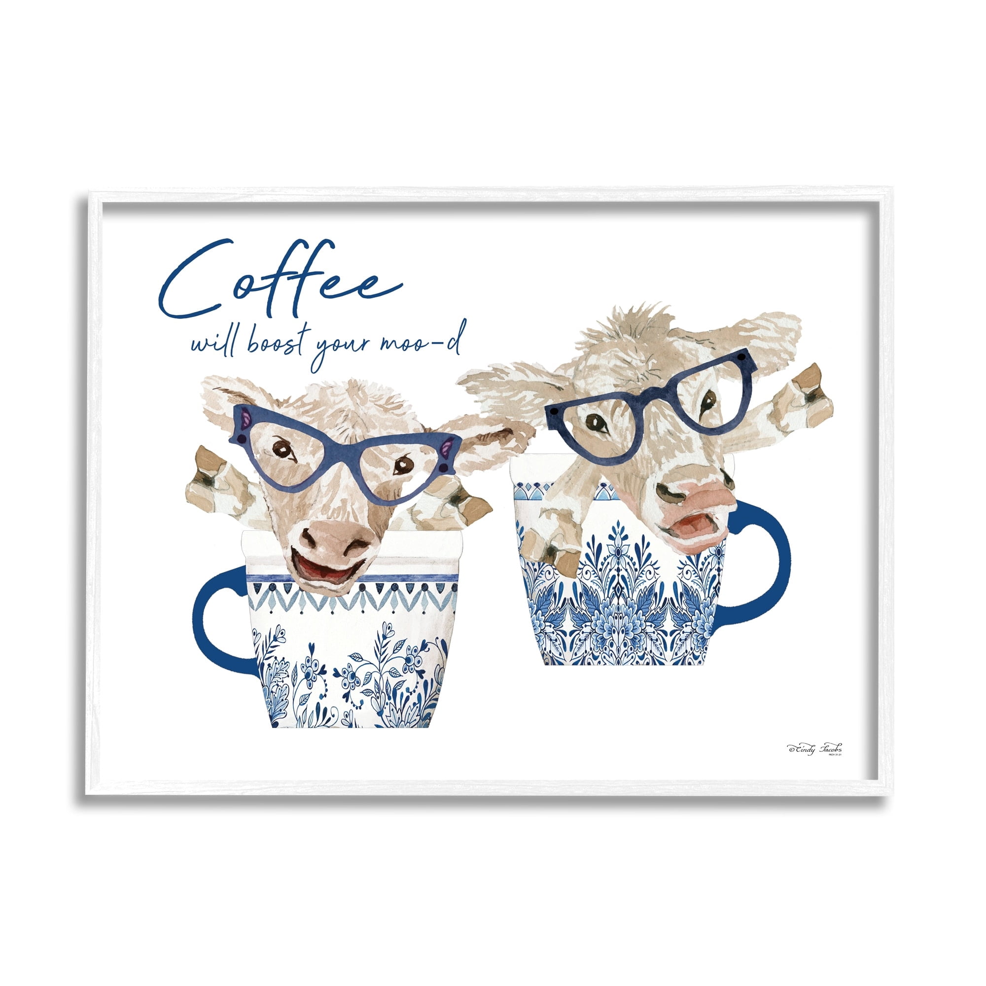 Stupell Industries Boost Your Moo-d Humorous Farmhouse Cow Coffee Mugs Graphic Art White Framed Art Print Wall Art, Design by Cindy Jacobs