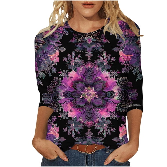 LYXSSBYX 3/4 Length Sleeve Womens Tops Women's Fashion Casual Color Block Printing Round Neck 3/4 Sleeve T-shirt Top Blouse