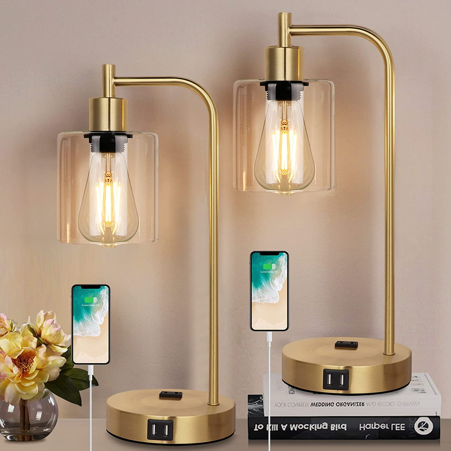 Industrial Touch Table Lamps Set of 2 Dimmable Metal Bedside Reading