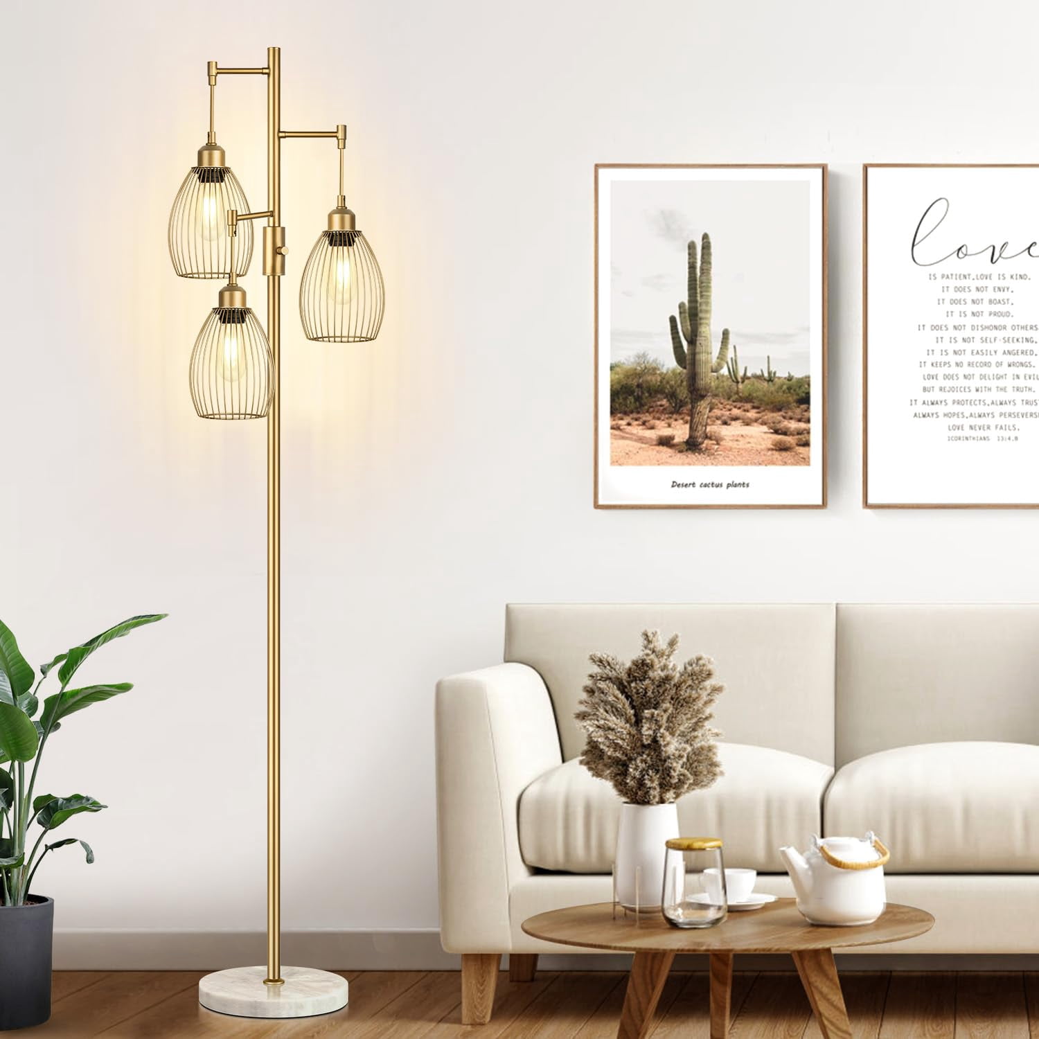 Dimmable Floor Lamps For Living Room  Industrial Standing Lamp With Marble Base Tree Tall Pole Light 3 Elegant Teardrop Cage Head & 800 Lumens Led Bulbs Bedroom Office