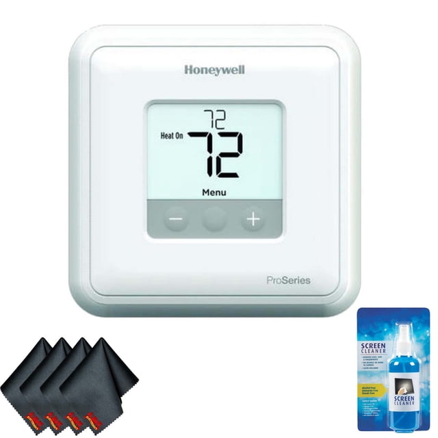 Honeywell TH4110U2005/U T4 Pro Programmable Thermostat in white, designed for home heating and cooling with a digital display showing 72 degrees. Features simple push-button functionality and supports multiple programming modes. Bundle includes screen cleaning solution and four microfiber cloths for maintenance.
