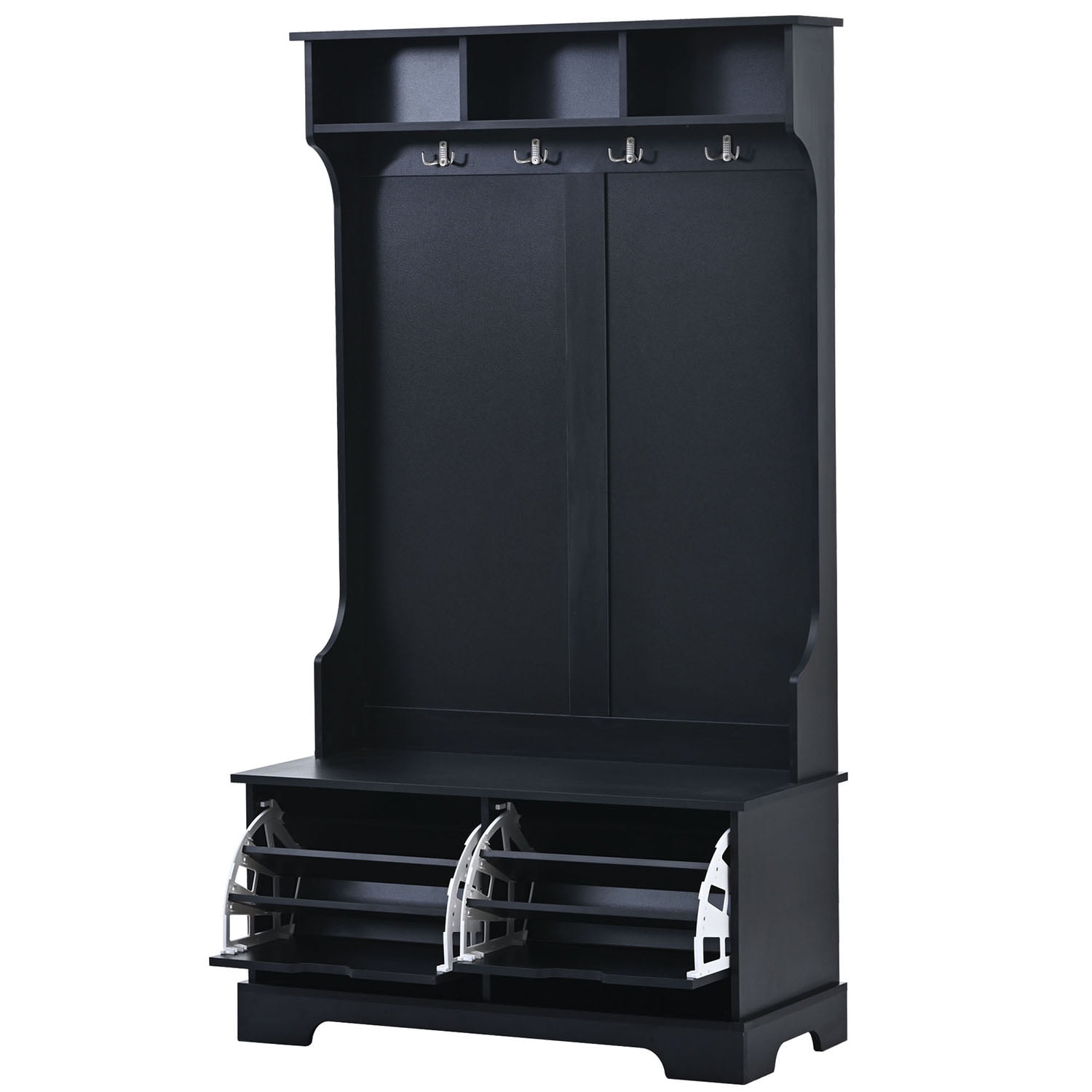 Kadyn All in One Hall Tree, Wide Hall Tree with 3 Top Shelves and 2 Flip Shoe Storage Drawers, Mudroom Hall Tree with Storage Bench and Metal Hanging Hooks, Black