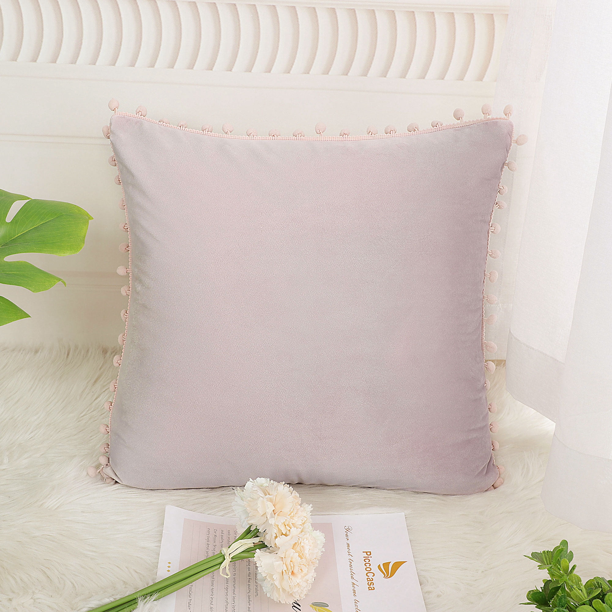 Unique Bargains Velvet Pillow Cover with Pompoms for Sofa 1PCS Pale Pink 16x16Inch