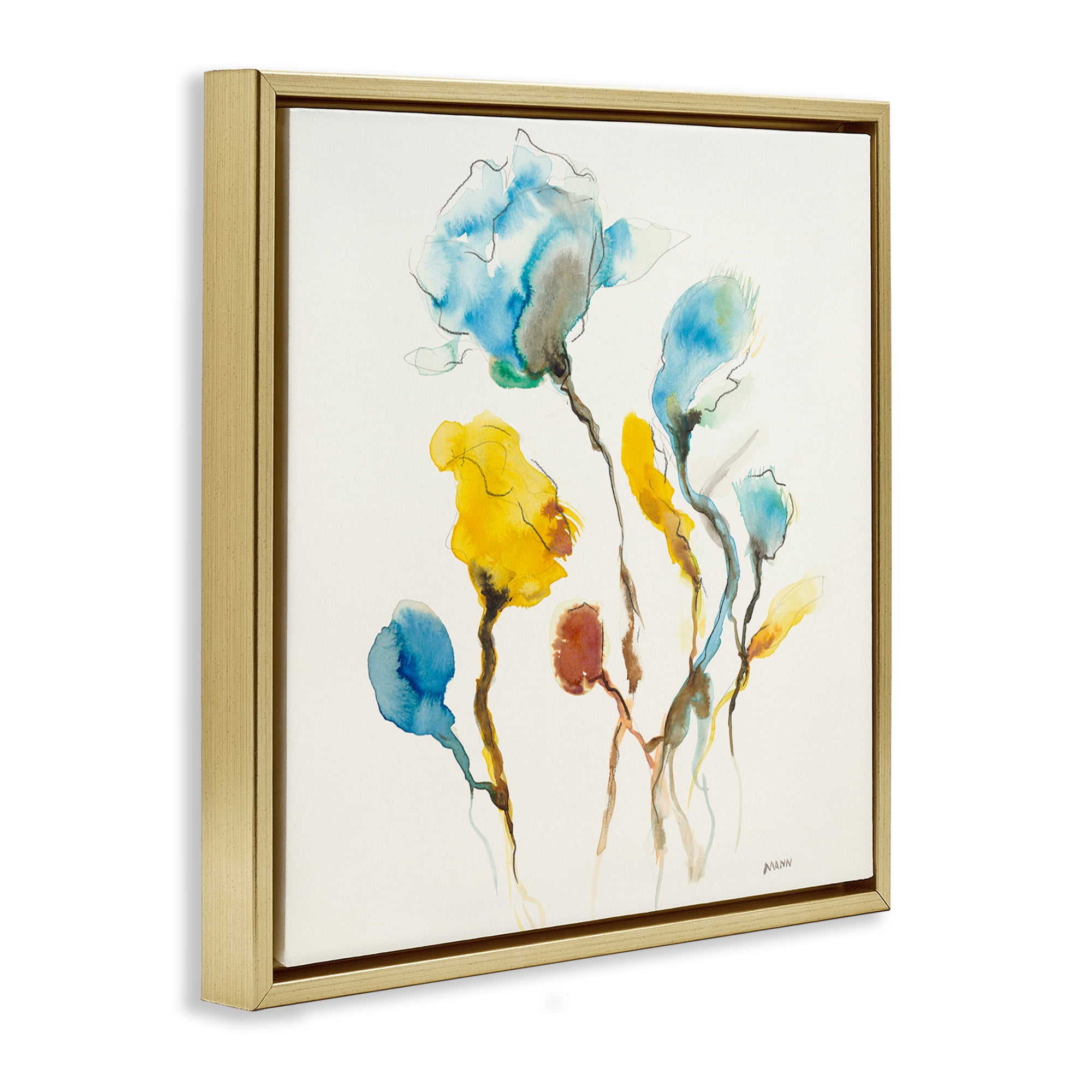 Stupell Industries Modern Watercolor Blooms Abstract Painting Gold Floater Framed Canvas Art Print Wall Art, 25 x 25