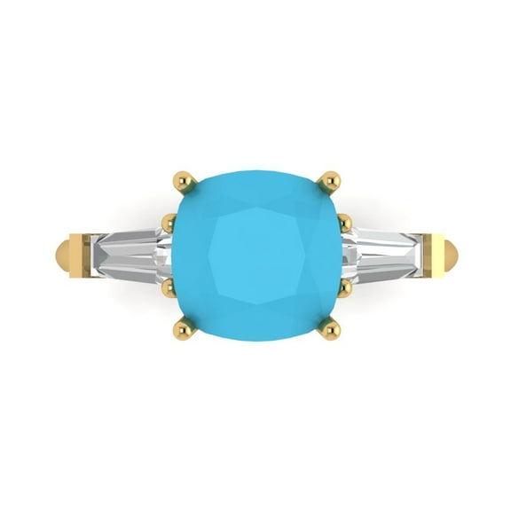 3 ct Cushion Cut Simulated Turquoise 3 Stone 18K Yellow Gold Womens Engagement Ring