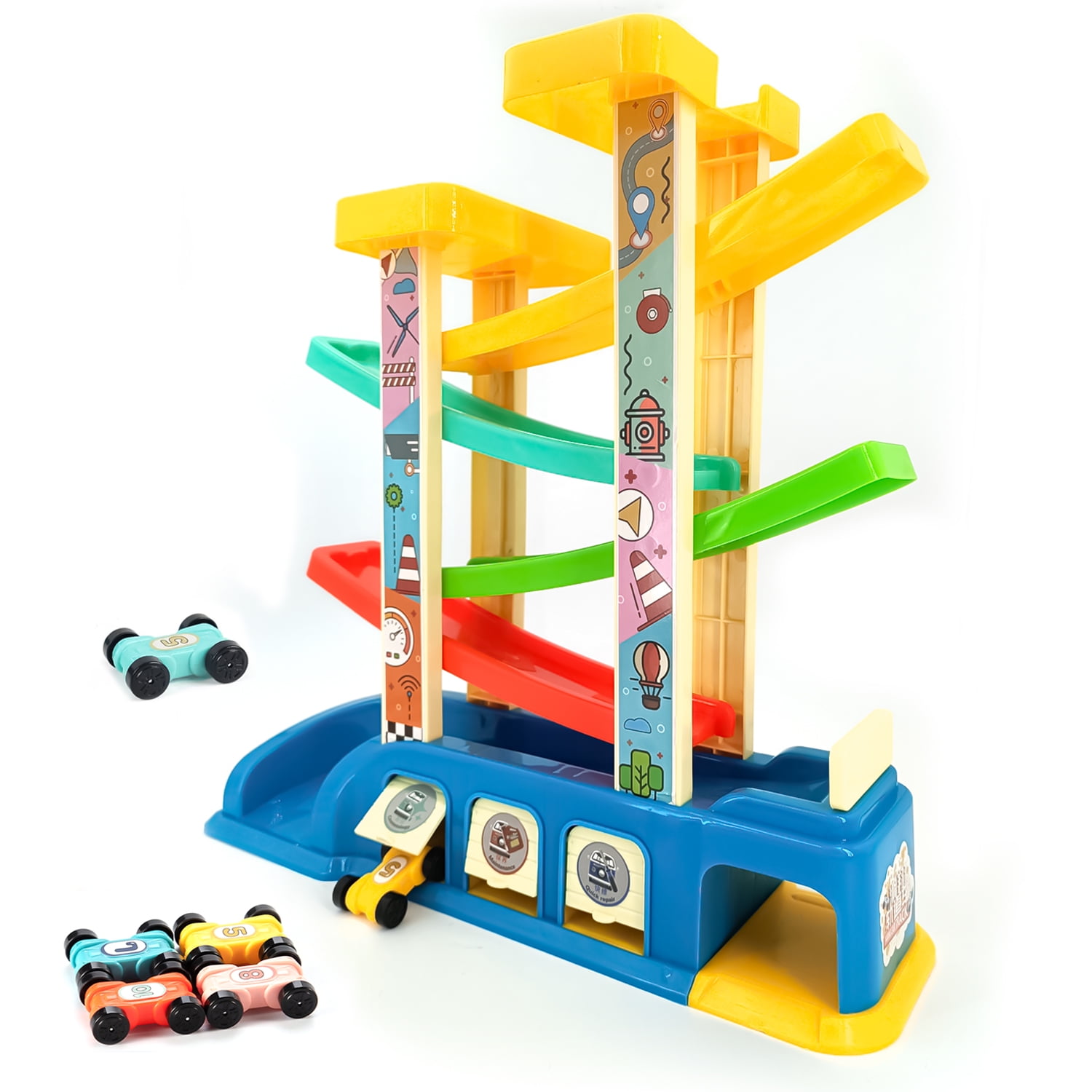 for Ages 3 and up Constructive Playthings Race and Roll Ramps with Varied Coverings 