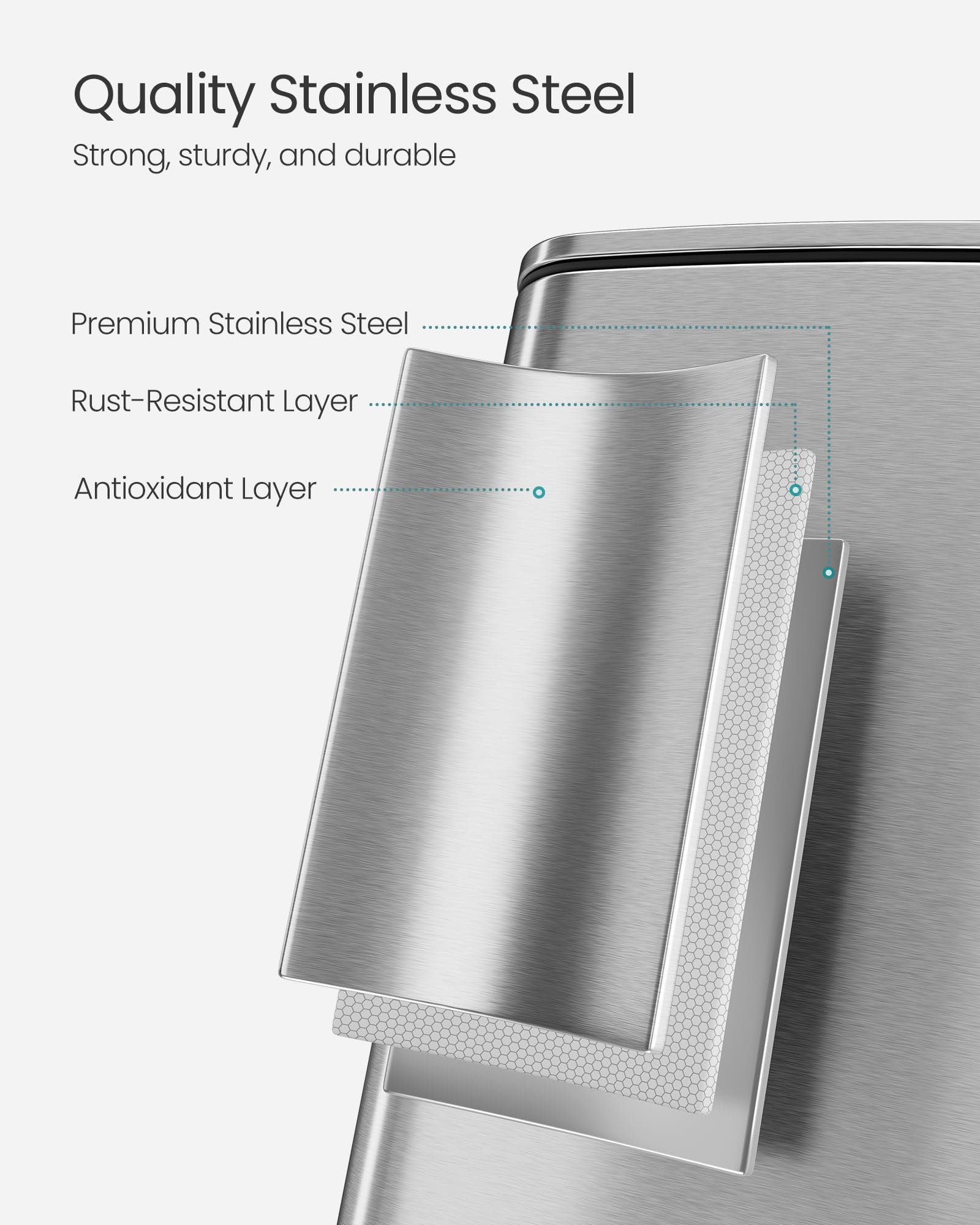 8-Gallon (30 L) Kitchen Trash Can, Trash Bin, Stainless Steel Garbage Can, with Inner Bucket, Soft Close and Stays Open, Metallic Silver