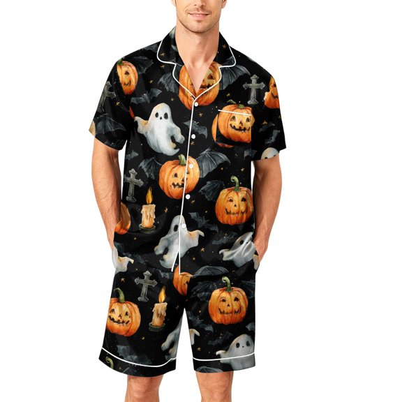 Matching Halloween Pajamas Halloween Pjs Halloween Pajamas Men Cute Halloween Pajamas for Men Pumpkin Pajamas Men Men's Lounge Sets Ghost Pumpkin Graphic Short Pajamas Set Loungewear, Black, L