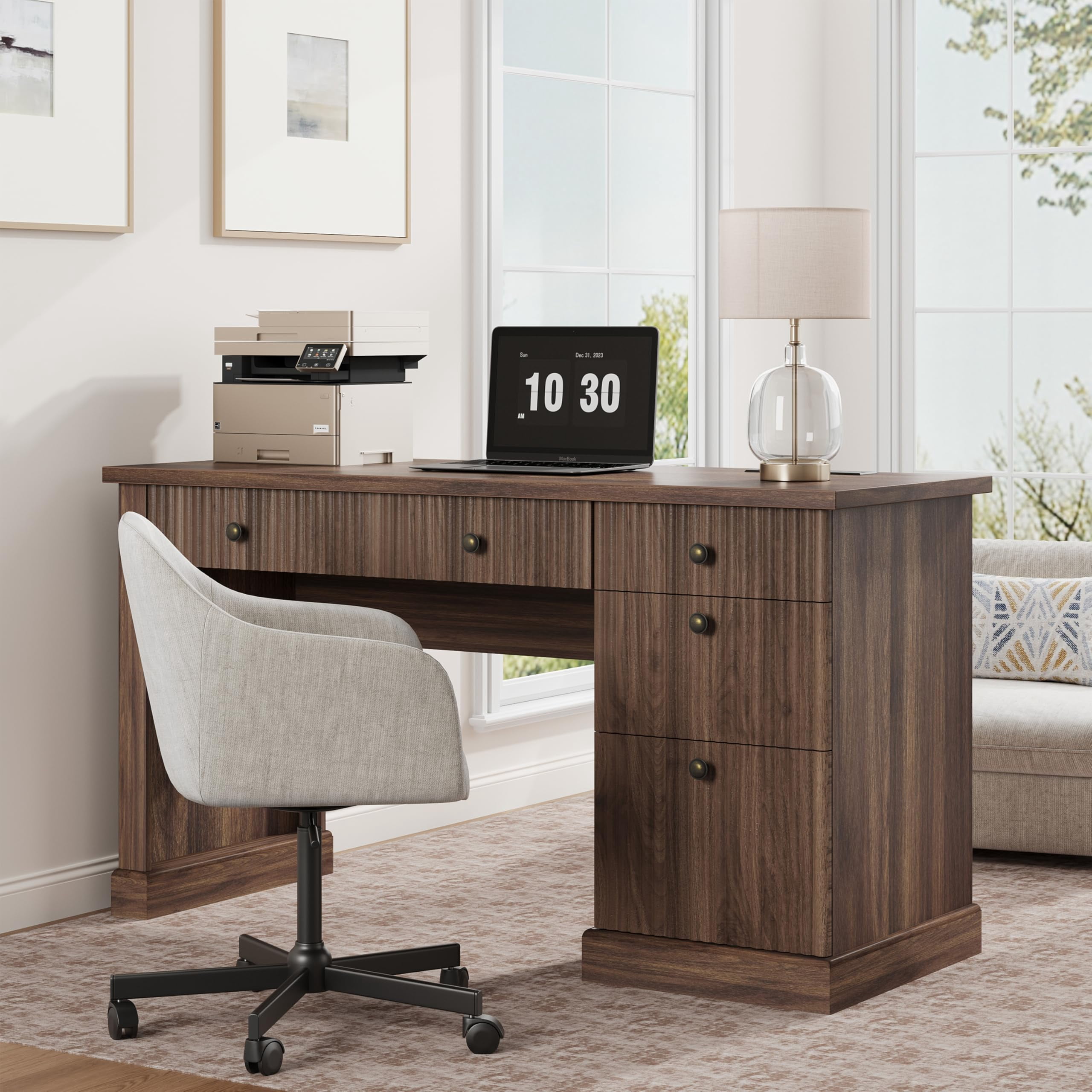 54" W Modern Executive Office Desk with Charging Station & File Drawers, Wooden Computer Desk with Fluted Details, Home Office Storage Desk for Study & Bedroom-Brown