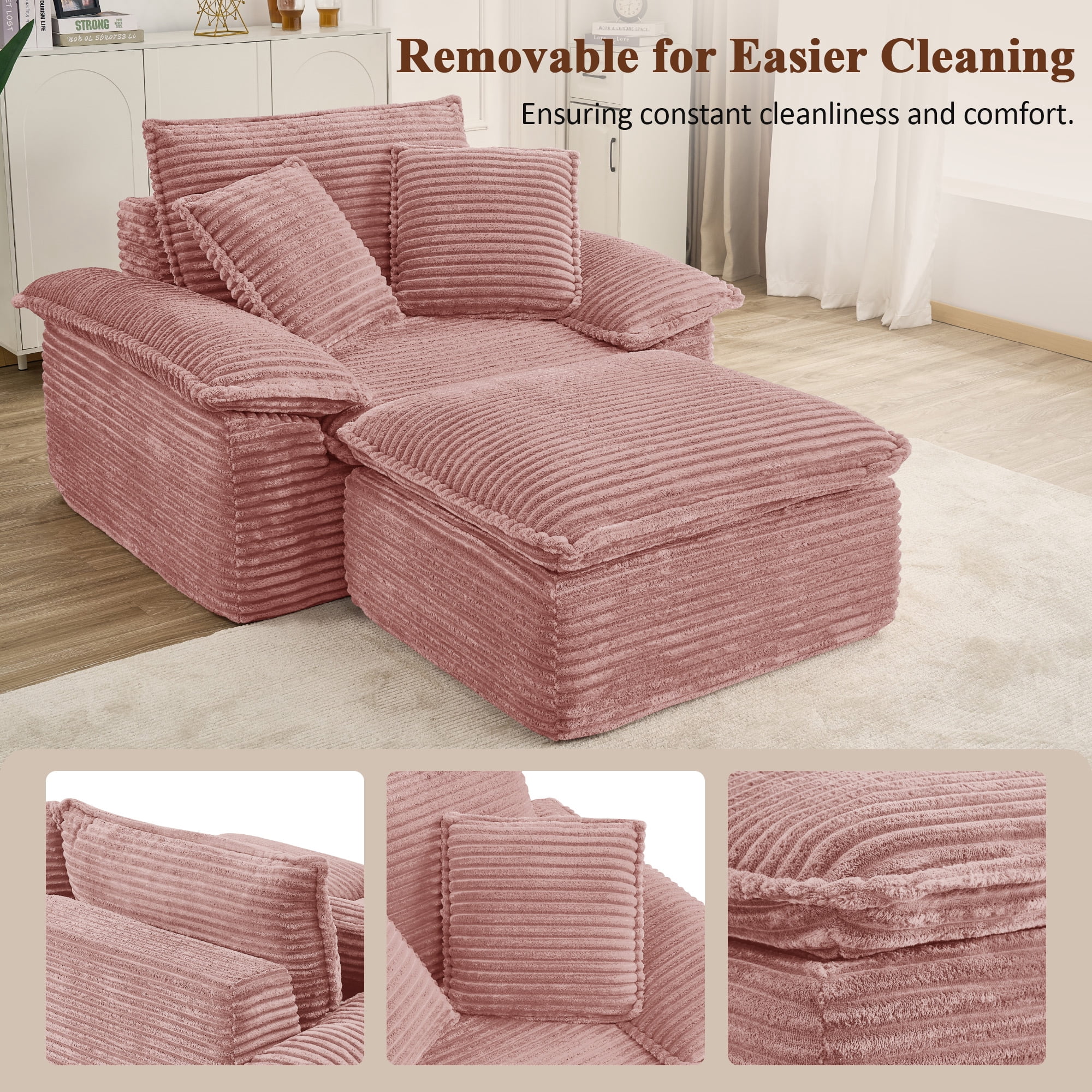 Aukfa 63.5" Oversized Chaise Lounge Sofa with Movable 2-Layer Ottoman, Deep Seat Boneless Couch, Corduroy Lounge Chair, Pink