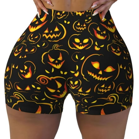 Workout Shorts Women  halloween pumpkins background Biker Shorts for Women Running Gym Spandex Shorts Tummy Control