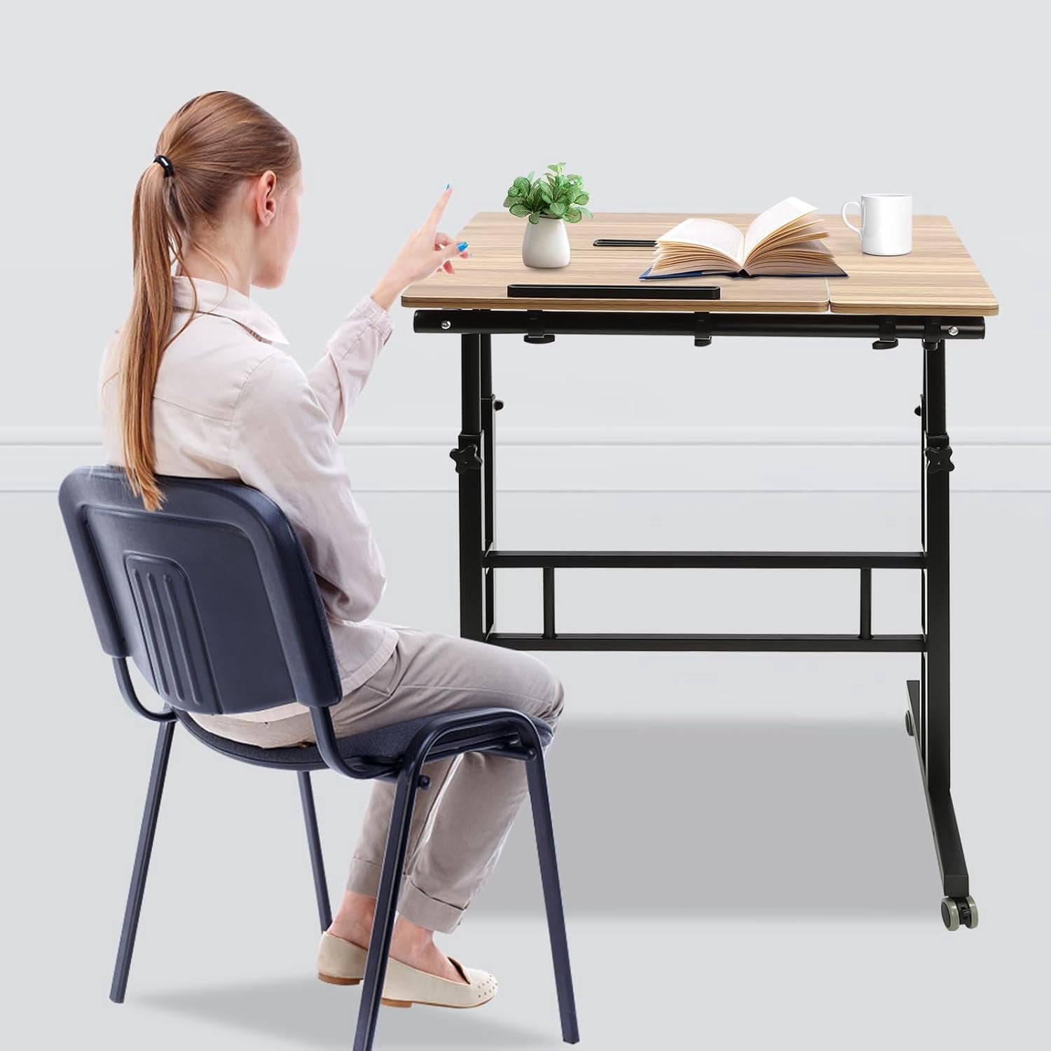 Mobile Stand Up Desk Adjustable Laptop Desk with Wheels Storage Rolling Table Cart for Standing or Sitting, for Home Office Workstation, Iron-Brown, 28.5-49.5in