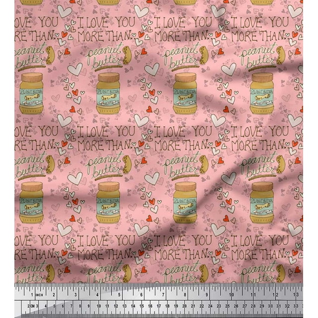 Soimoi Pink polyester Crepe Fabric Text & Peanut Butter Food Print Fabric by Yard 52 Inch Wide