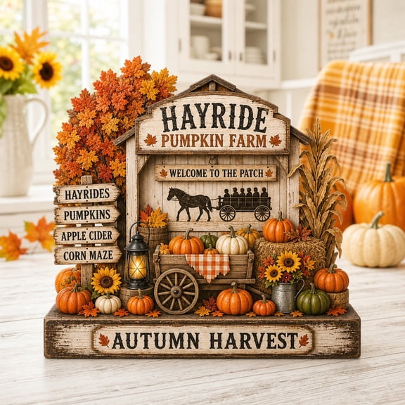 Hayride Pumpkin Harvest Farm Wooden Block Shelf Sitter for Thanksgiving Table Decor