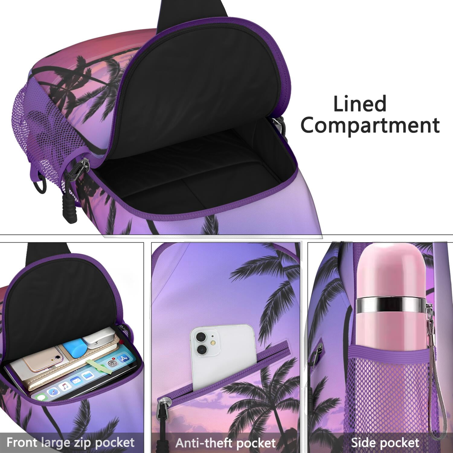 Ocean Sunset with Palm Trees Sling Bag - Anti-Theft Lightweight Shoulder Backpack - Travel-Ready for Hiking, Biking & Commuting