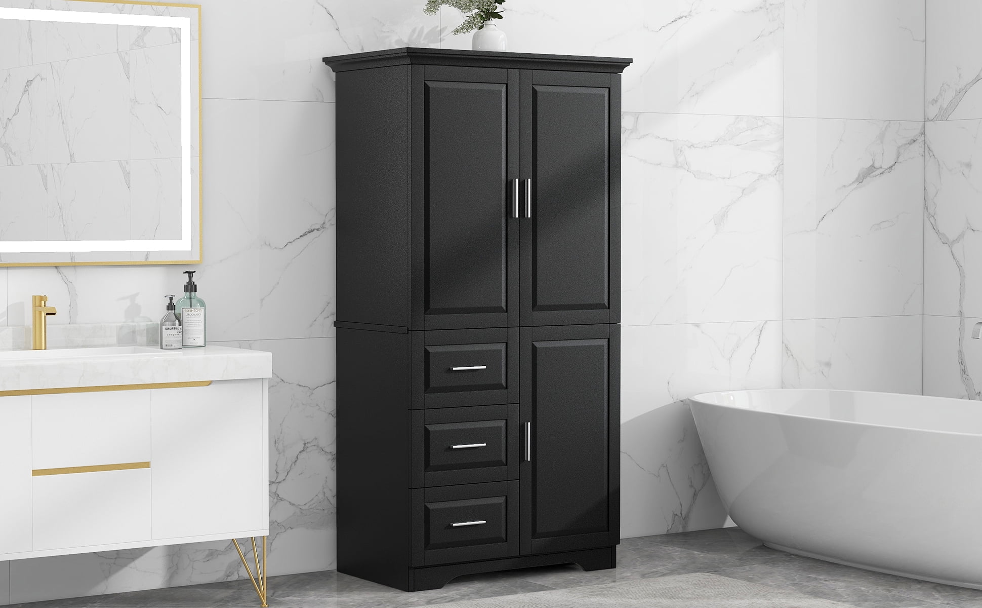 Euroco Tall Freestanding Storage Cabinet with 3 Drawers and Adjustable Shelf, Wide Linen Tower Cabinet with Doors, Waterproof Painted MDF, Anti-Tipping Kit