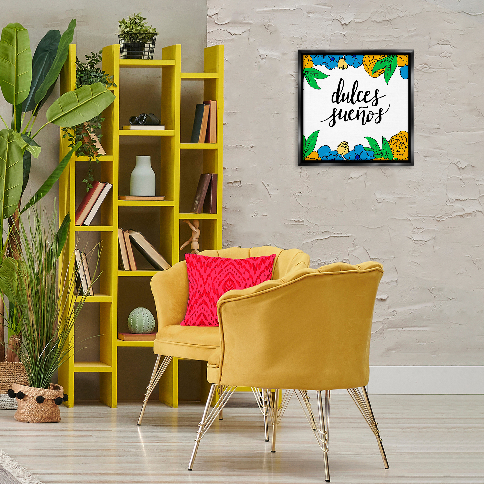 Stupell Industries Dulces Sueños Flores Tropicales Inspirational Quotes & Sayings Painting Black Floater Framed Art Print Wall Art, 18 x 18