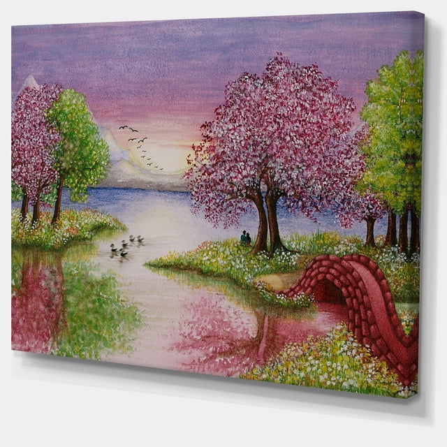 Designart - Lac Romantique en Rose et Vert - Paysage d'Art Mural Extra Large