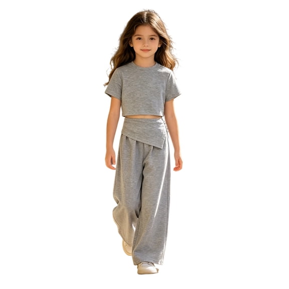 Tiijoy Girls Casual Outfits Short Sleeve T-Shirt Asymmetrical Sweatpants Set, Sizes 5-7