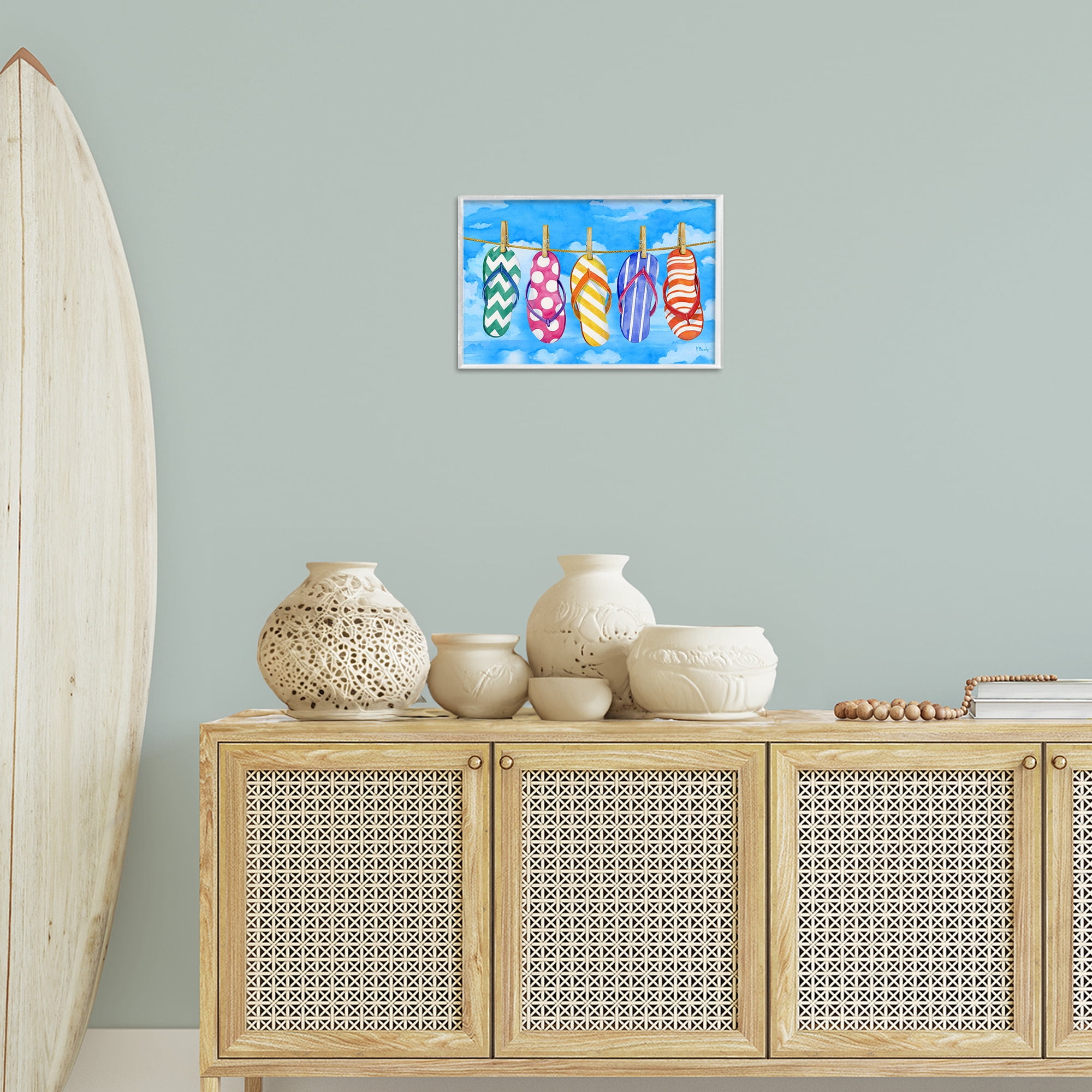 Stupell Industries Flip Flops on Clothesline Beauty & Fashion Painting White Framed Art Print Wall Art, 18 x 12