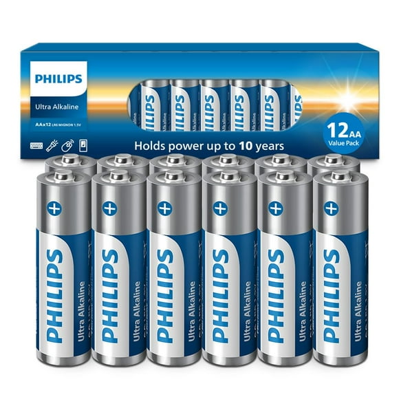 PHILIPS Piles AA Lot de 12, 1.5v Ultra Alcalines Double A, 132 % Plus de Puissance Que la Norme Industrielle, Longue Durée de Conservation de 10 Ans, Idéal pour Usage Intérieur et Extérieur, Performance Premium
