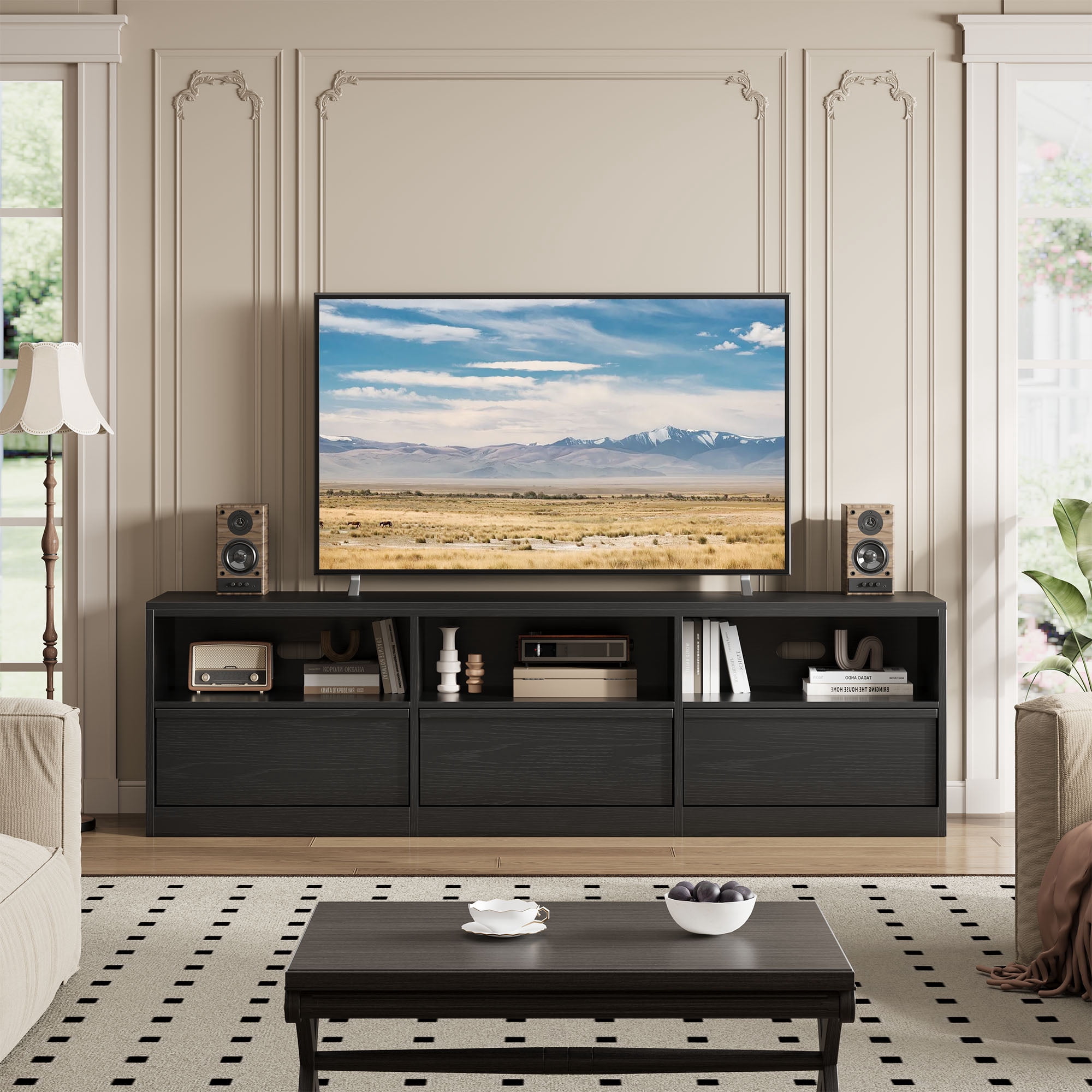 Modern TV Stand with Storage for TVs Up to 85", 70 inch Media Console with Drawer & Open Shelves, Mid Century Entertainment Center for Living Room, Black