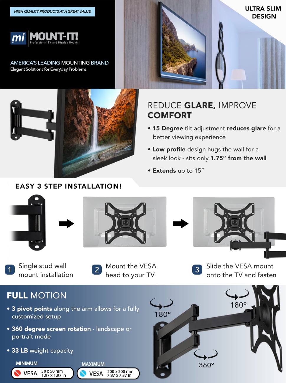 Mount-It! Full Motion TV Wall Mount with 15" Swivel Extension Arm, Fits 19" - 43" TV's, Capacity 55 Lbs.