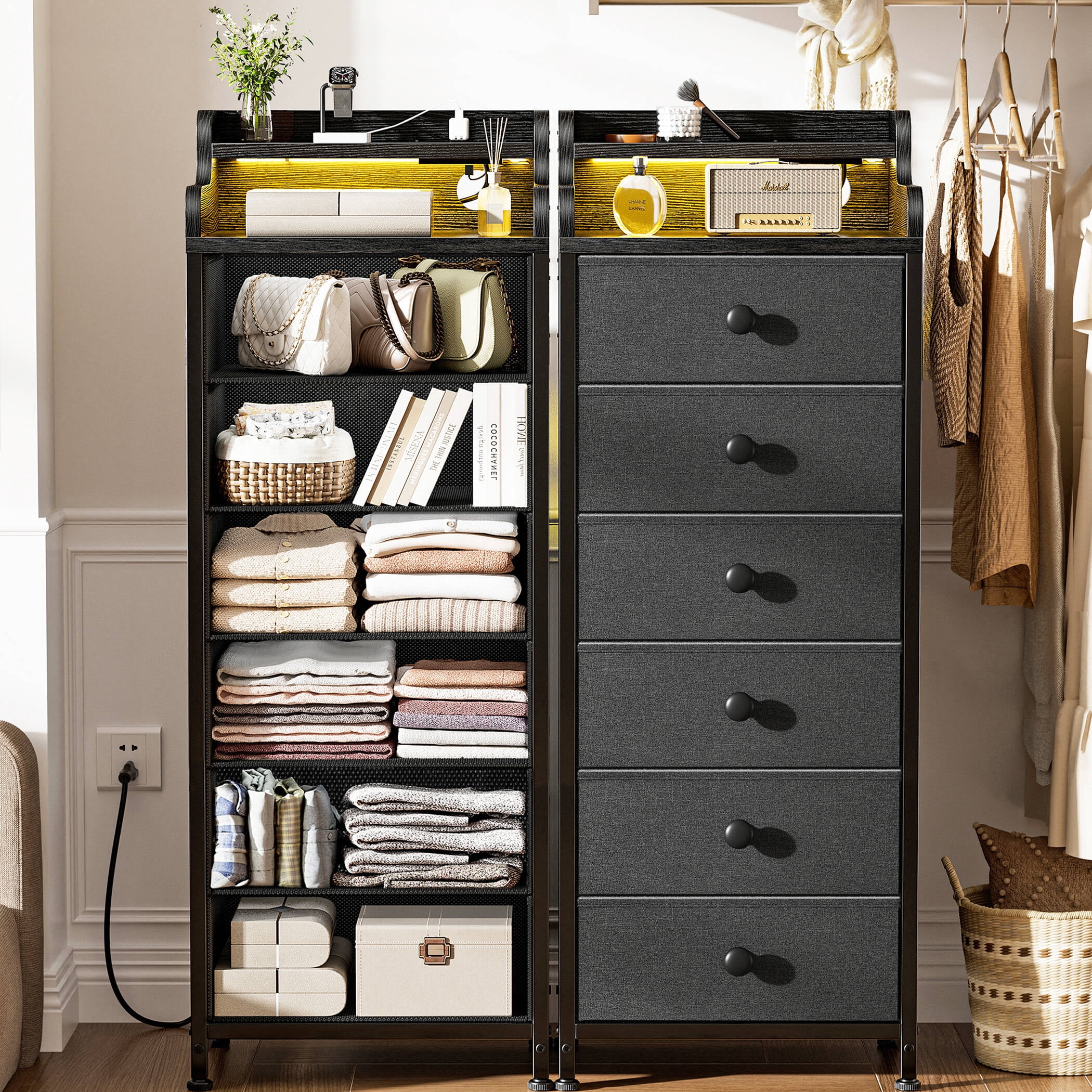 GUNAITO Led Dresser for Bedroom 6 Drawers Tall Fabric Closet Chests of Drawers,Grey