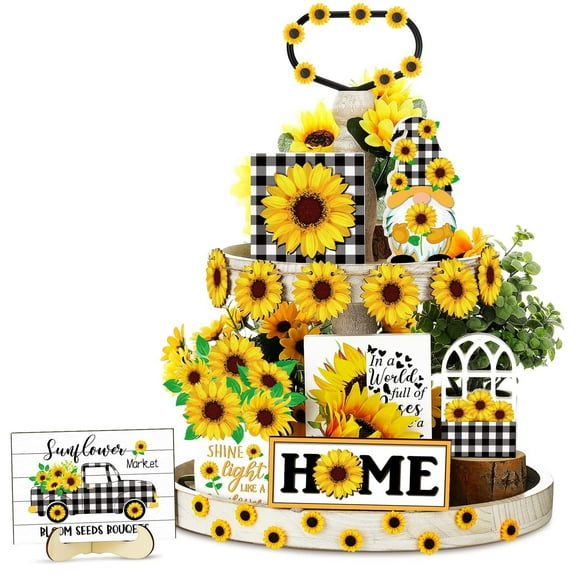 Tiered Tray Decor Sunflower Decor Set Sunflower Tiered Tray Decorative Wooden Summer Tiered Tray Items Kitchen Decor for Home Table Shelf Apartment Decor 2024 Graduation Gifts for Him and Her 12 Pack
