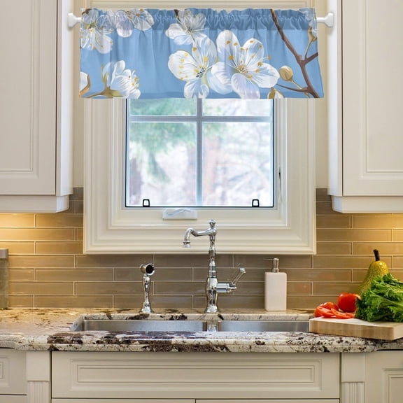 White Flowers Daisy in Blue Curtain Valances Farmhouse Design Window Treatment Decor Blackout Rod Pocket for Windows Living Room Kitchen 54" x 18"