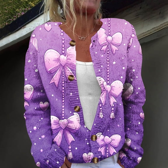 Women's Plus Size Heart Pattern Sweaters Y2K Button Down Long Sleeve Knit Outerwear Cardigan Spring Valentine's Day Tops