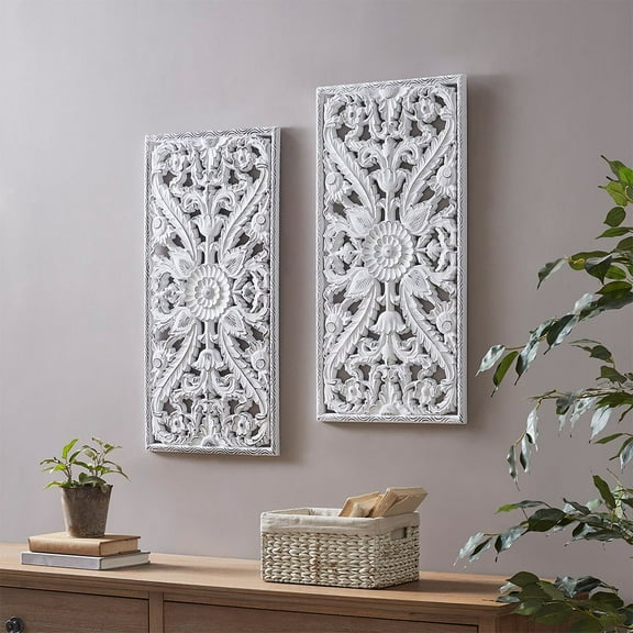 YINGYING Distressed Carved Wood Wall Art Decor Set of 2, Vintage Farmhouse Wall Decor Lotus Flower Wall Sculpture for Living Room Bedroom Kitchen Bathroom