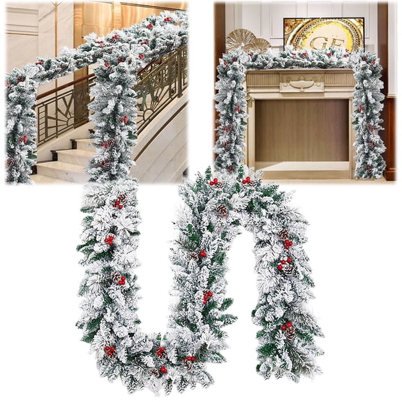 Artificial Flowers,2.7M Christmas Garland With Flocked Realistic Frosted Greenery For Indoor Outdoor Holiday Decor Christmas Vine For Mantel Staircase Wreath