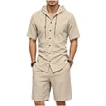 thumbnail image 2 of LEKWK Men Linen Sets Outfits 2 Piece Short Sleeve Button Down Hooded Tops and Elastic Waist Shorts Lightweight Loose Fit Summer Fashion Beach Vacation Wear, 2 of 9