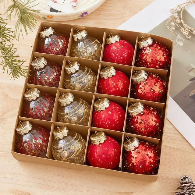 Adornos Navideños: 16 Bolas Navideñas Rojas, Champán, Negras y Doradas | Decoración para Fiestas En Casa | Plástico | 6 X 6 Cm | 16 Unidades | Dimensiones Del Paquete: 24 X 24 X 6 Cm