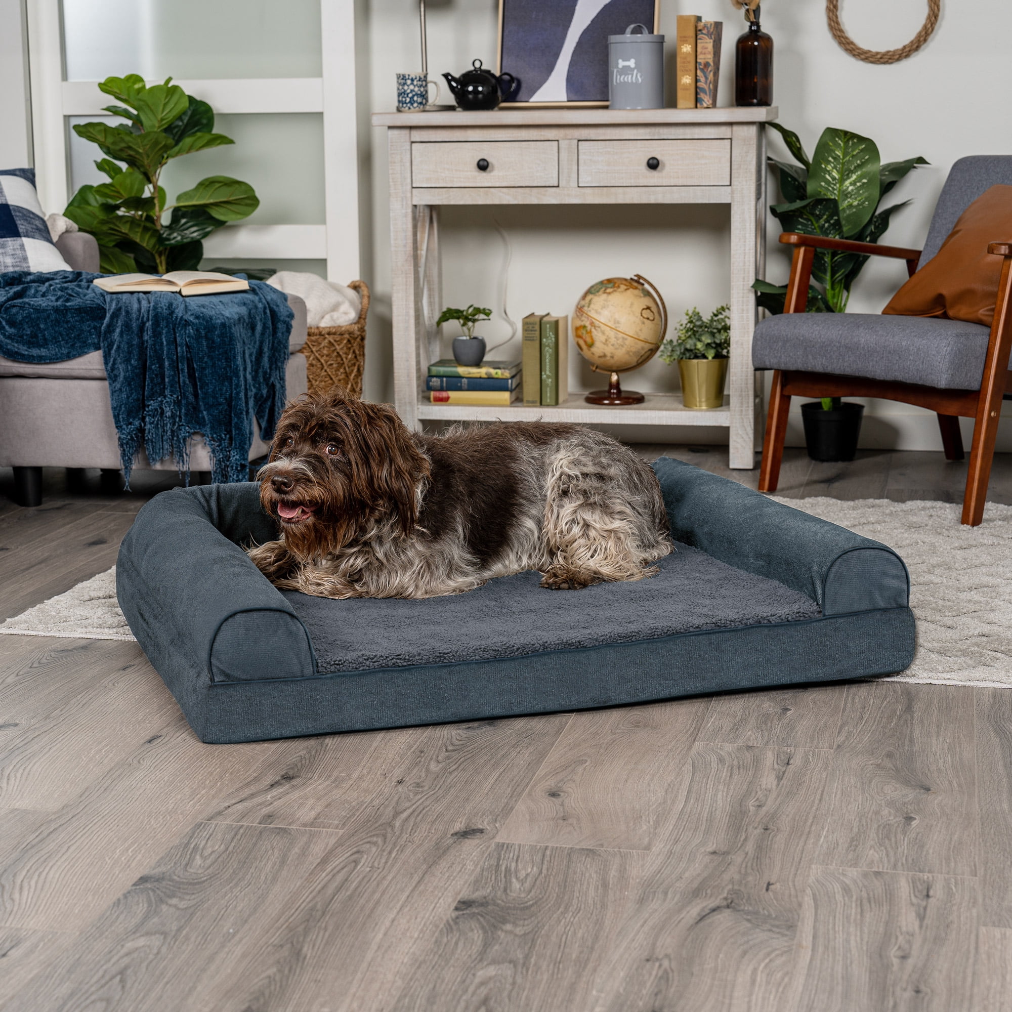 FurHaven Pet Products Faux Fleece & Chenille Orthopedic Sofa Pet Bed for Dogs & Cats - Orion Blue, Jumbo