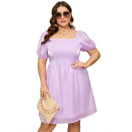 Yesfashion Women s Plus Size Tulle Dress Square Neck Puffy Babydoll Mesh Mini Dress