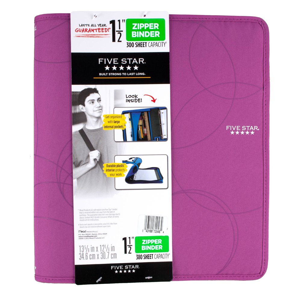 Five Star 1.5" Zipper Binder, Purple