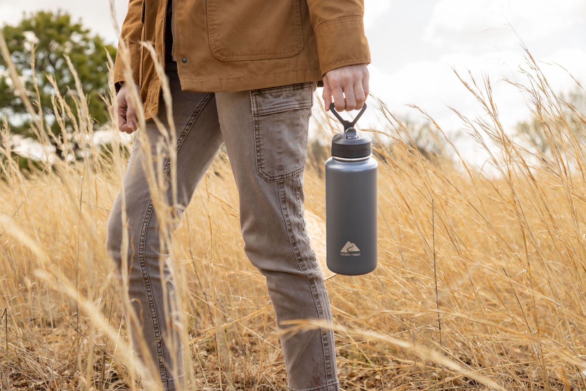 Ozark Trail 32 fl oz Gray Insulated Stainless Steel Wide Mouth Water Bottle, Loop Handle, Flip Lid