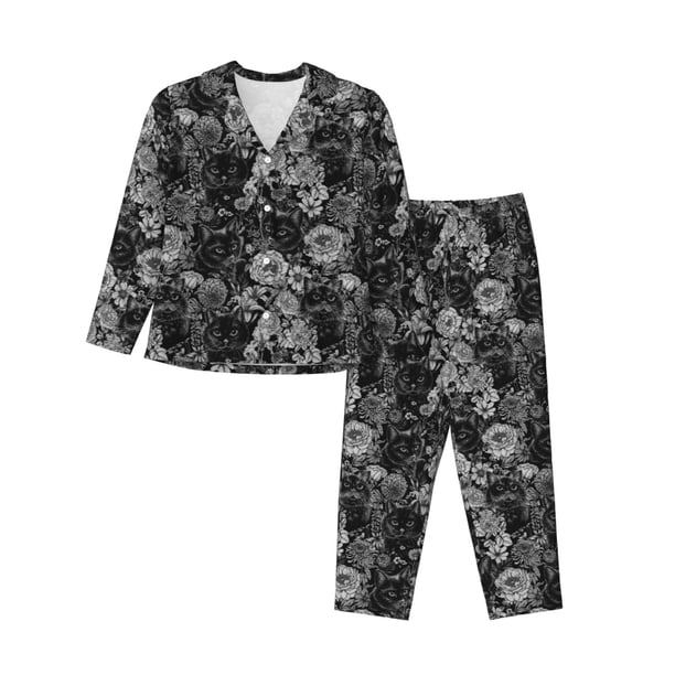 Balery Black Cats In A Garden Conjunto de Pijama con Estampado para Mujer, Conjunto de Dos Piezas con Manga Larga, Ropa de Dormir Suave con Bolsillos, Pijamas Cómodos-Small