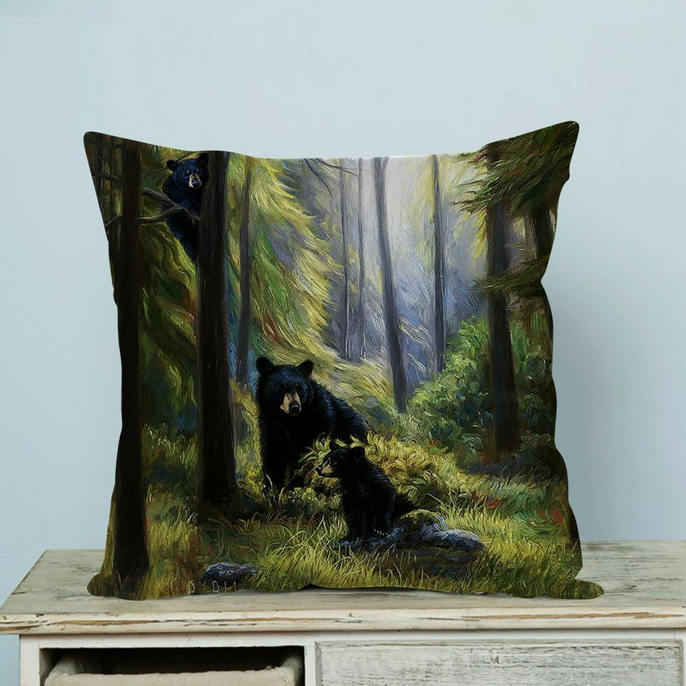 GCKG Black Bear Family In The Forest Pillow Case Pillow Cover Pillow Protector Two Sides 18 x 18