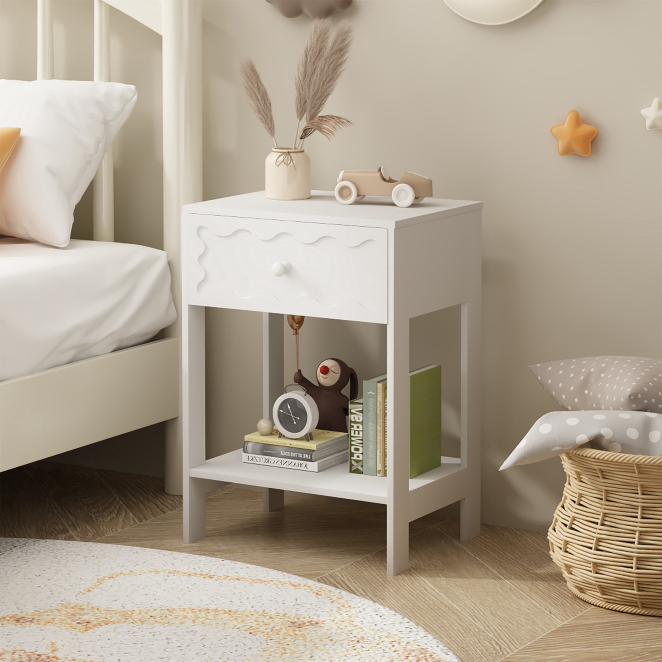 Noble House Modern Nightstand with Wave Pattern Drawer, Bedside Table with Solid Wood Frame, Bedroom, White
