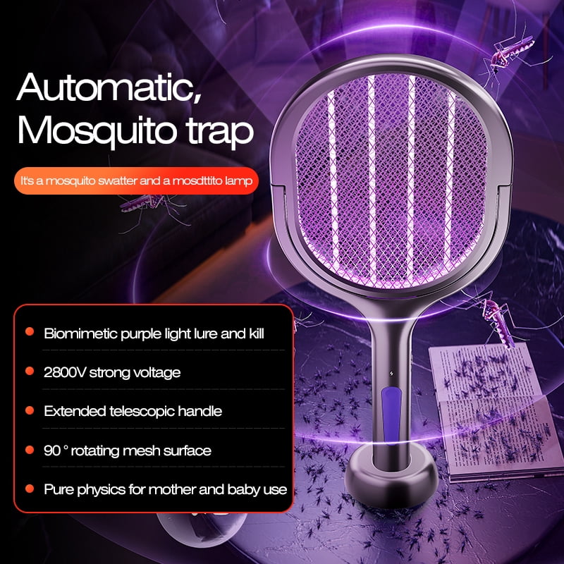 2-in-1 Retractable Electric Fly Swatter Racket - USB Rechargeable Bug Zapper with Mosquito Trap Lamp, Extended Handle Powerful Insect Killer for Home Bedroom Indoor Outdoor