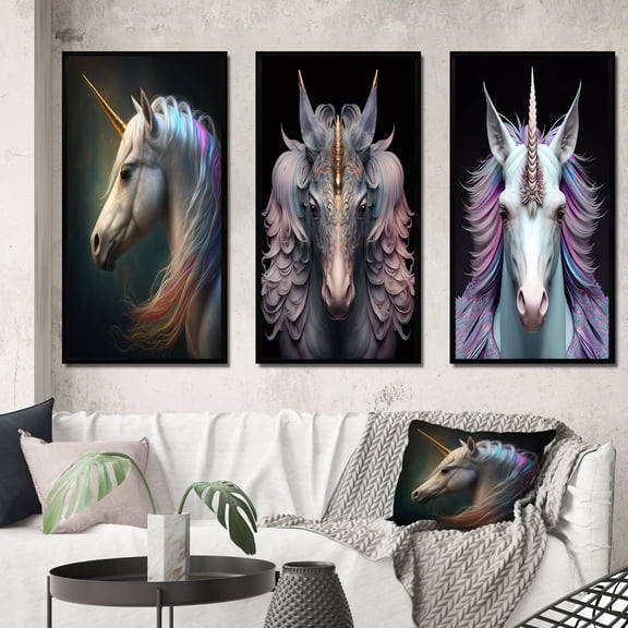 Designart "Beautiful Unicorn Portrait I" Animals Horse Framed Wall Art Set Of 3 - White Horse Frame Canvas Set For Living Room Decor