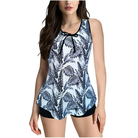 Generic Women s Split Two Piece Swimsuit Sexy Scoop Neck Drawstring Bathing Suit Tank Top with Boyshorts Swimwear